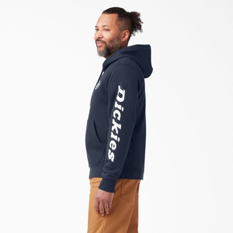 Men's Dickies Logo Sleeve Fleece Hoodie Navy | 3916842-CP