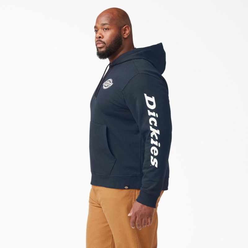 Men's Dickies Logo Sleeve Fleece Hoodie Navy | 3916842-CP