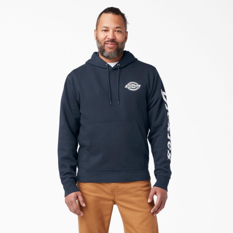 Men\'s Dickies Logo Sleeve Fleece Hoodie Navy | 3916842-CP