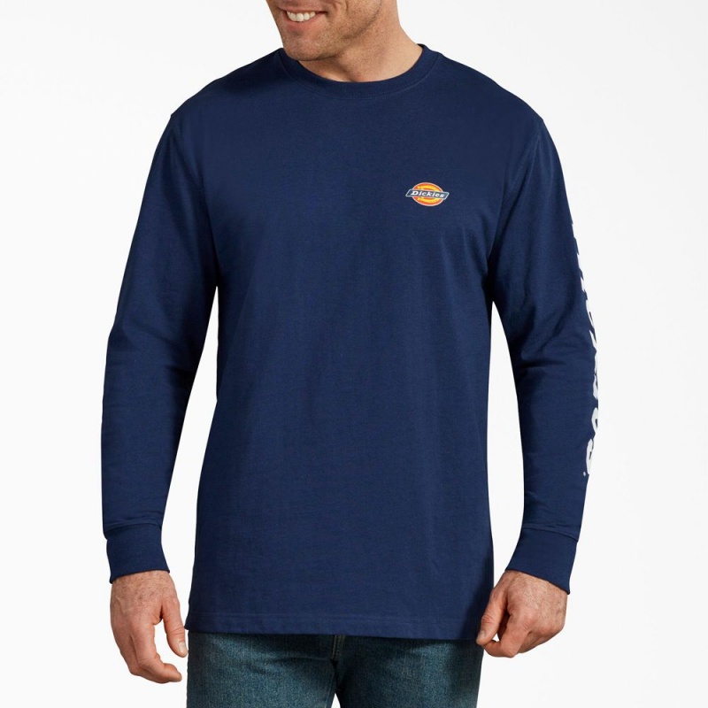 Men's Dickies Long-Sleeve Graphic T-Shirt Blue | 8054796-KD