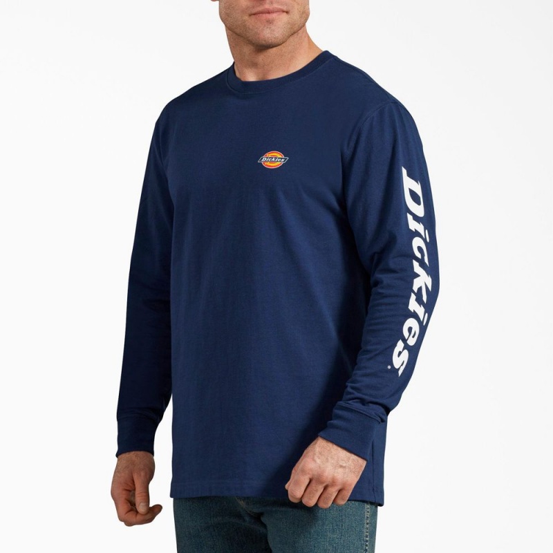 Men\'s Dickies Long-Sleeve Graphic T-Shirt Blue | 8054796-KD