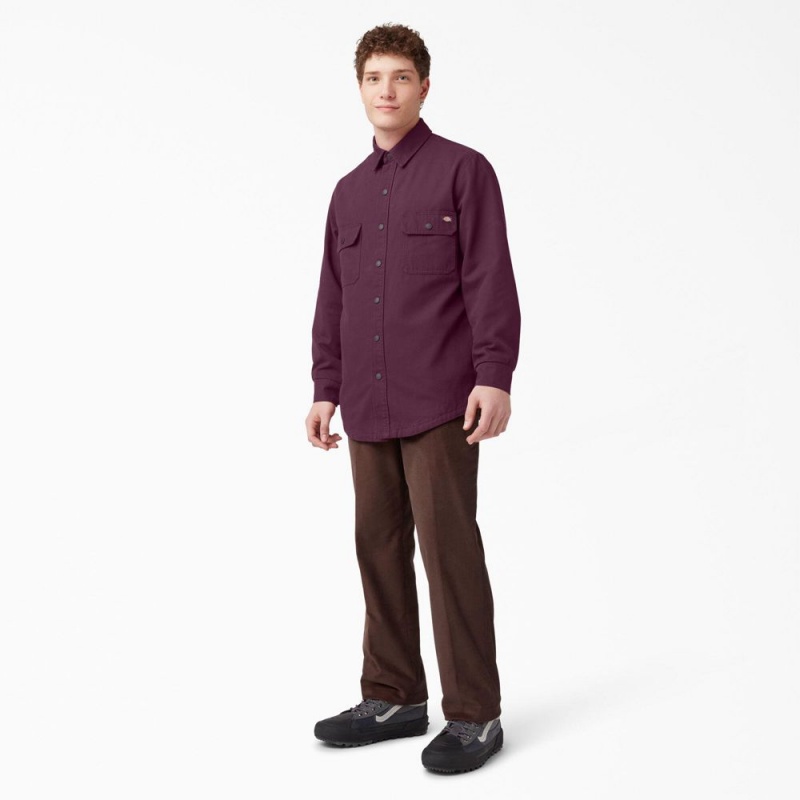 Men's Dickies Long Sleeve Flannel-Lined Duck Shirt Purple | 6579142-OW