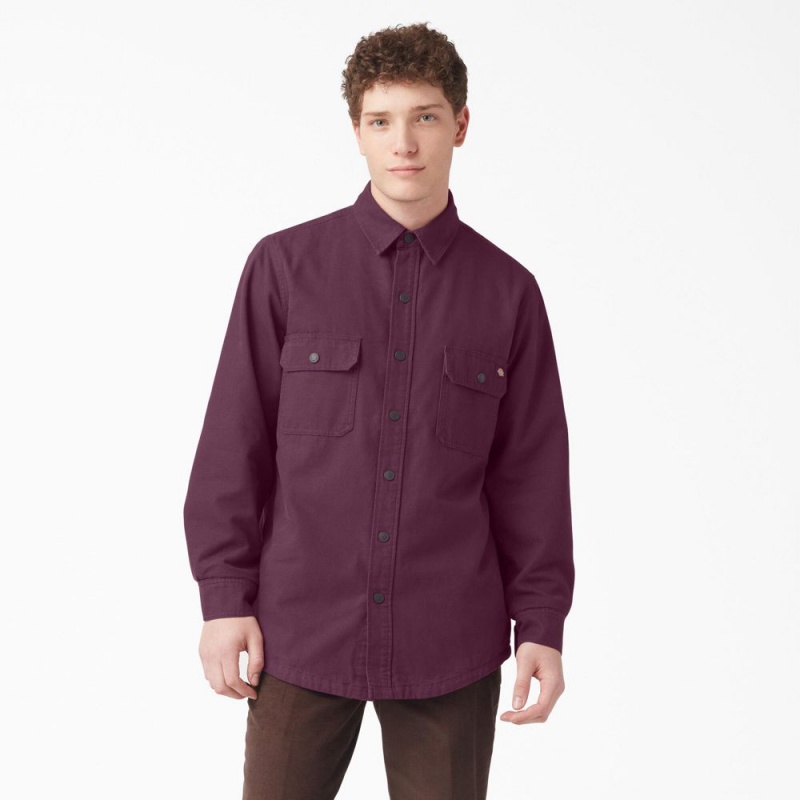 Men\'s Dickies Long Sleeve Flannel-Lined Duck Shirt Purple | 6579142-OW