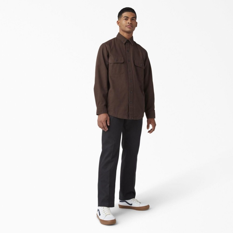 Men's Dickies Long Sleeve Flannel-Lined Duck Shirt Brown | 0218346-XJ