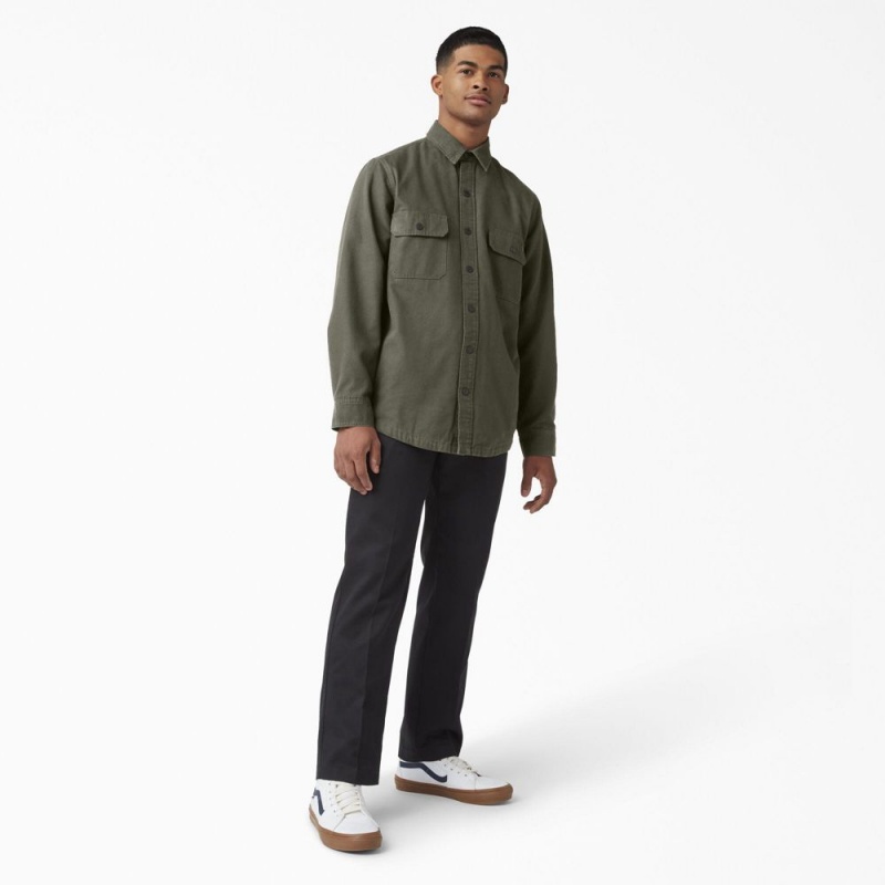 Men's Dickies Long Sleeve Flannel-Lined Duck Shirt Green | 1837205-OX