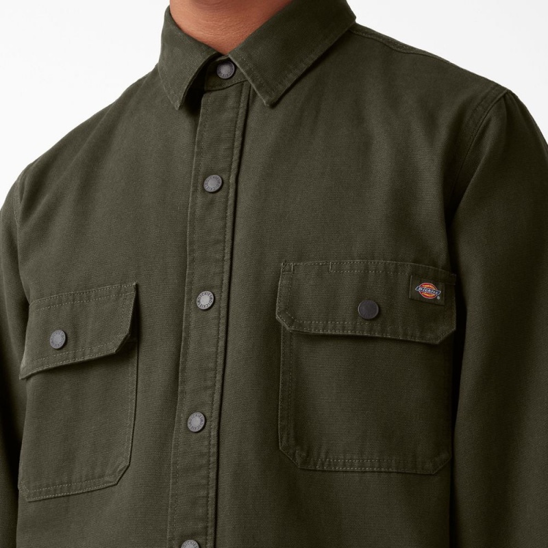 Men's Dickies Long Sleeve Flannel-Lined Duck Shirt Green | 1837205-OX