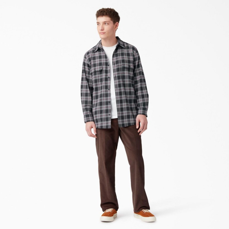 Men's Dickies Long Sleeve Flannel Shirt Black | 2537148-CL