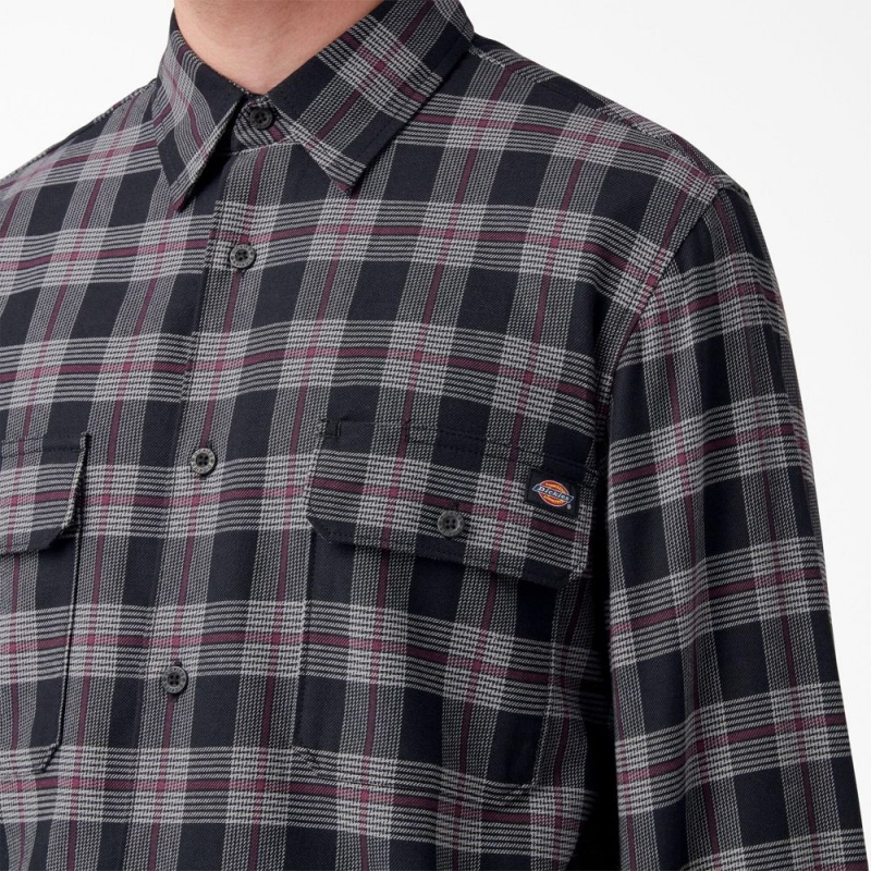 Men's Dickies Long Sleeve Flannel Shirt Black | 2537148-CL