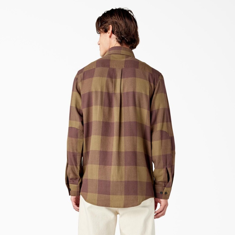 Men's Dickies Long Sleeve Flannel Shirt Olive | 5473691-EP