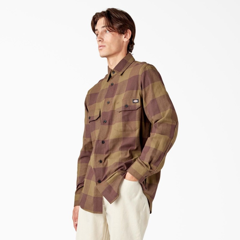 Men's Dickies Long Sleeve Flannel Shirt Olive | 5473691-EP