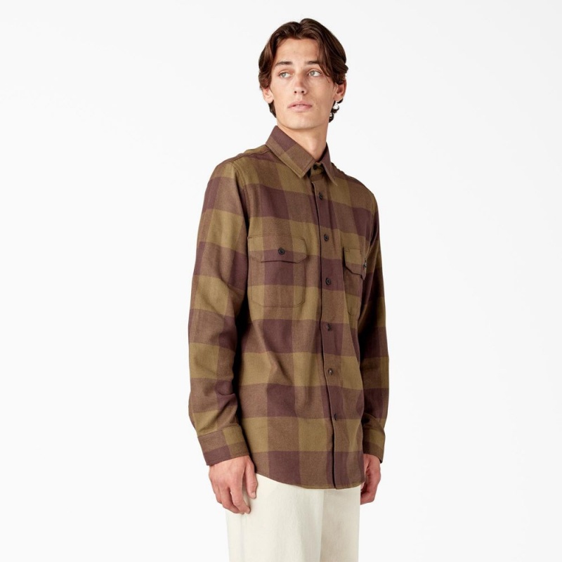 Men's Dickies Long Sleeve Flannel Shirt Olive | 5473691-EP