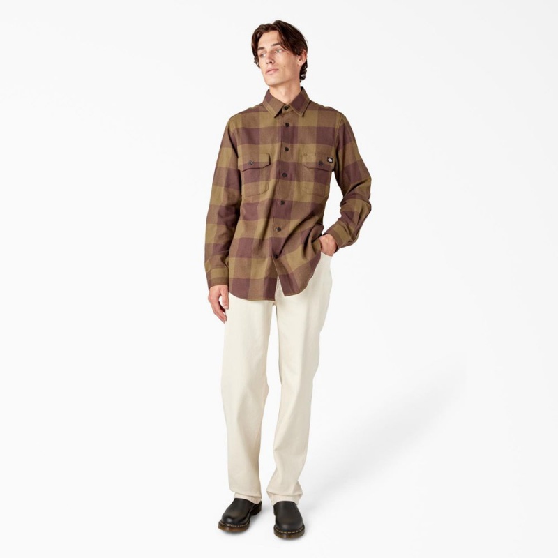 Men's Dickies Long Sleeve Flannel Shirt Olive | 5473691-EP