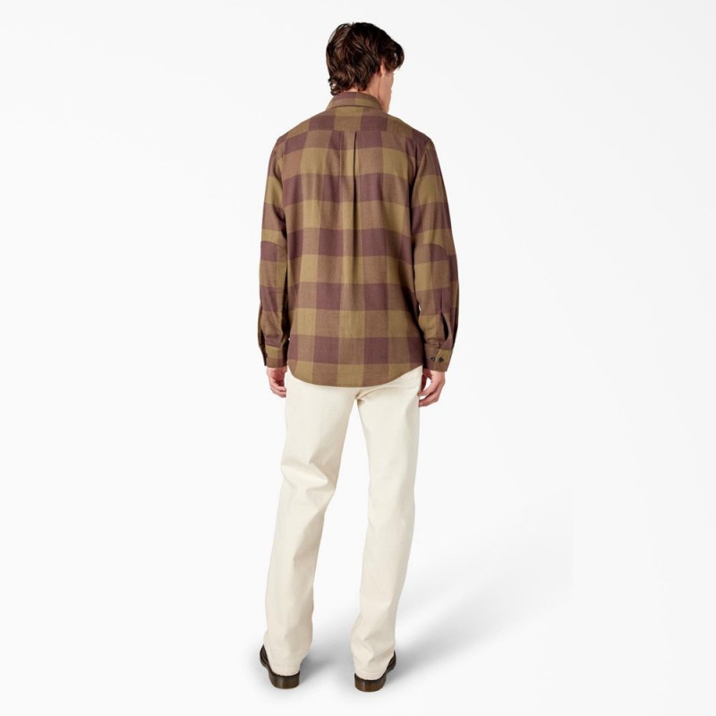 Men's Dickies Long Sleeve Flannel Shirt Olive | 5473691-EP