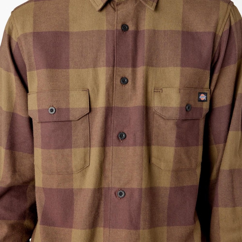 Men's Dickies Long Sleeve Flannel Shirt Olive | 5473691-EP