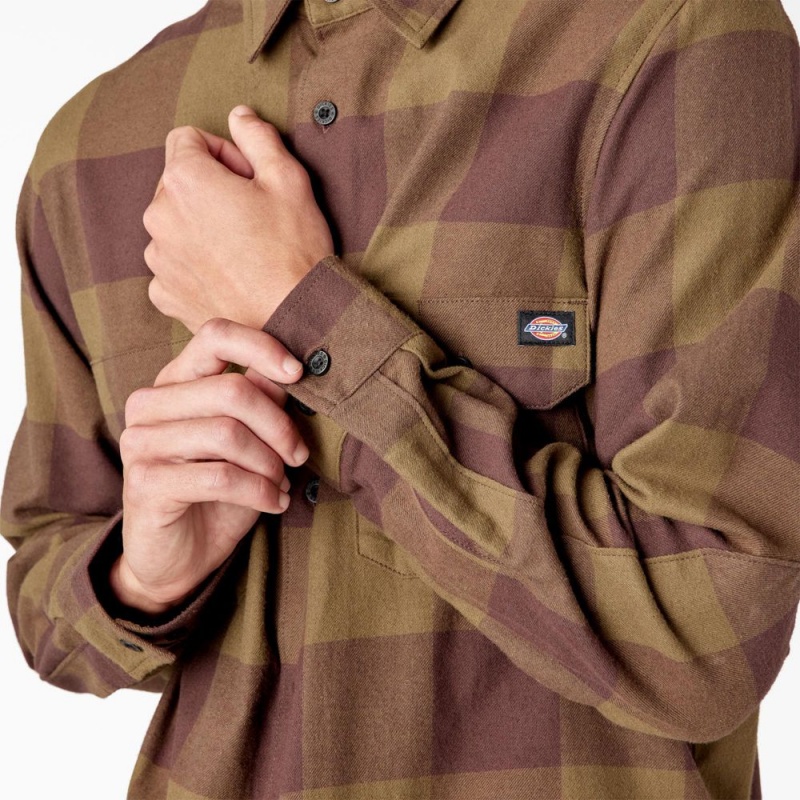 Men's Dickies Long Sleeve Flannel Shirt Olive | 5473691-EP