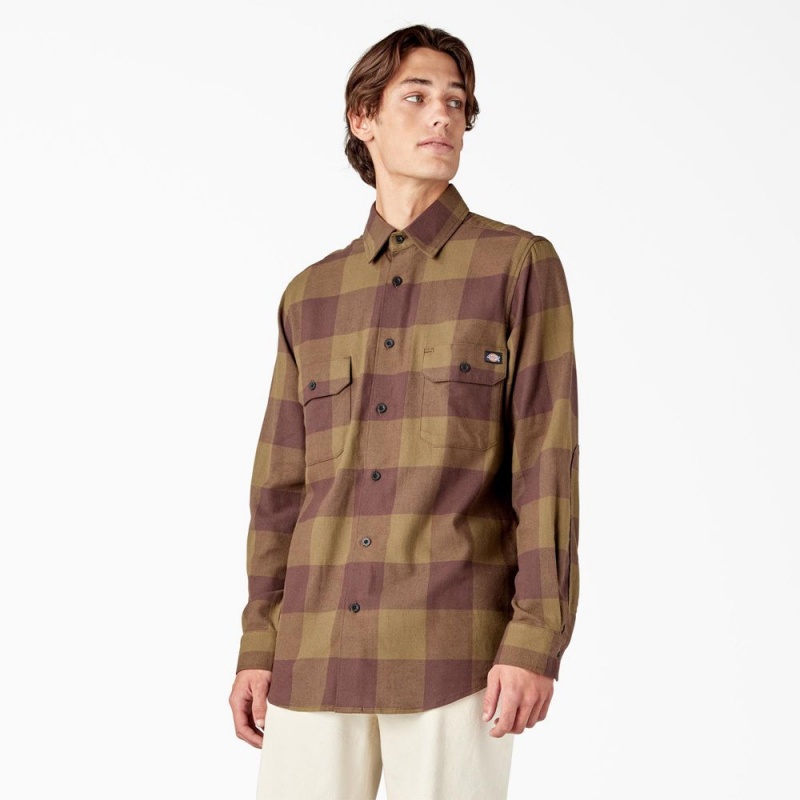 Men\'s Dickies Long Sleeve Flannel Shirt Olive | 5473691-EP