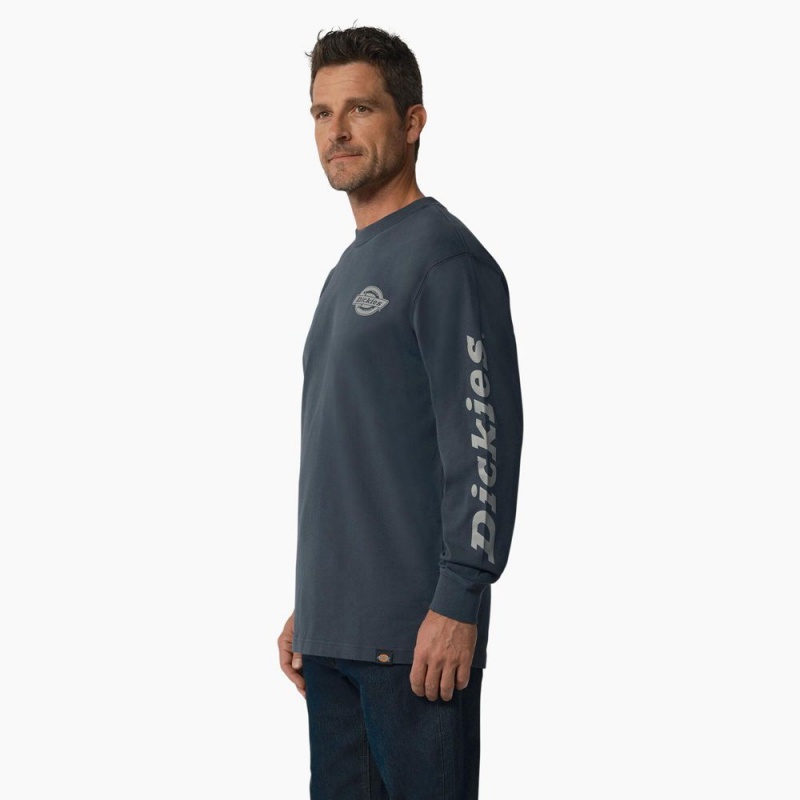 Men's Dickies Long Sleeve Heavyweight Logo T-Shirt Blue | 4975603-JF