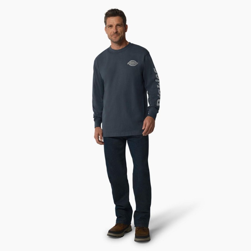 Men's Dickies Long Sleeve Heavyweight Logo T-Shirt Blue | 4975603-JF