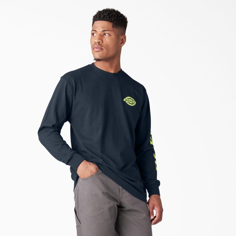 Men's Dickies Long Sleeve Heavyweight Logo T-Shirt Navy | 8612374-SX