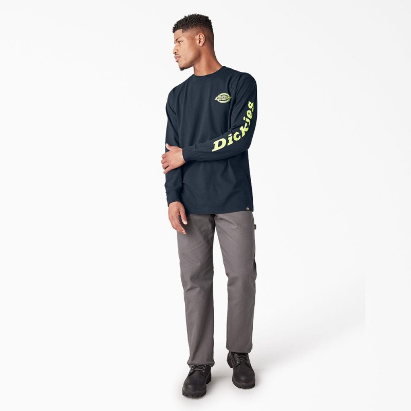 Men's Dickies Long Sleeve Heavyweight Logo T-Shirt Navy | 8612374-SX