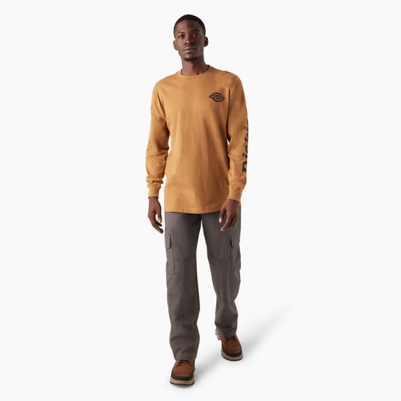 Men's Dickies Long Sleeve Heavyweight Logo T-Shirt Brown | 7106548-RL