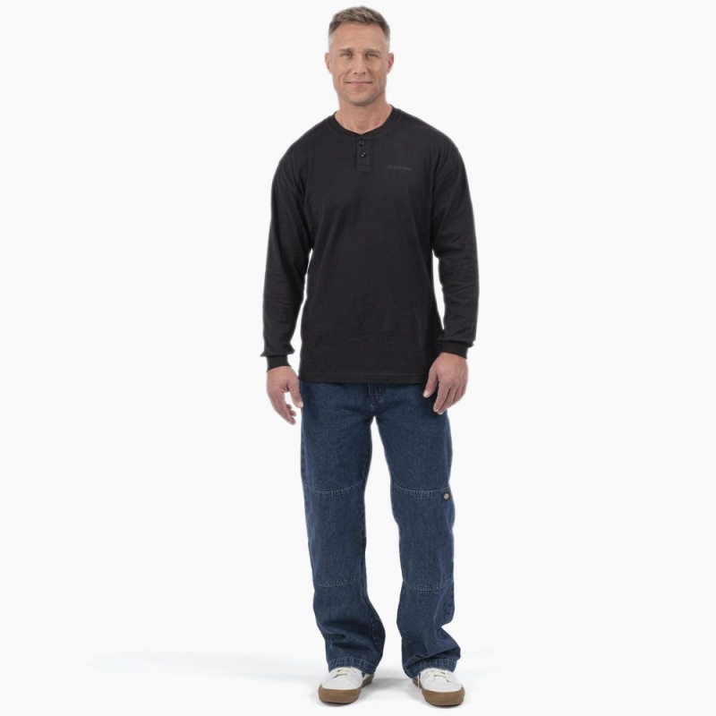 Men's Dickies Long Sleeve Henley T-Shirt Black | 4376185-HI