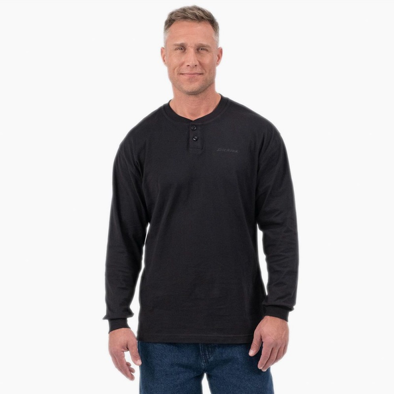 Men\'s Dickies Long Sleeve Henley T-Shirt Black | 4376185-HI