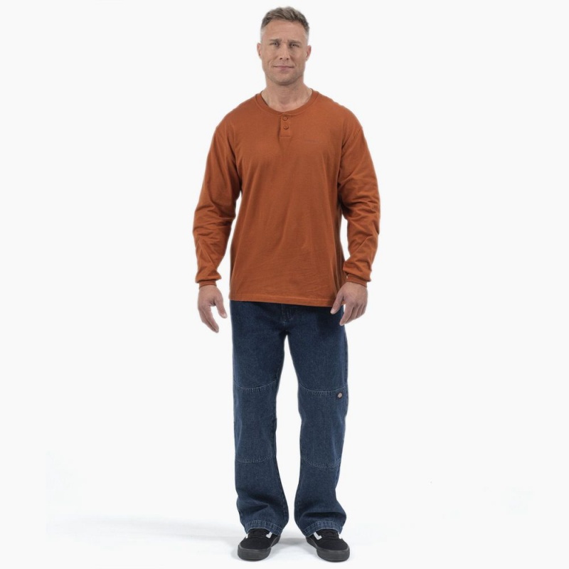 Men's Dickies Long Sleeve Henley T-Shirt Brown | 2496085-CE