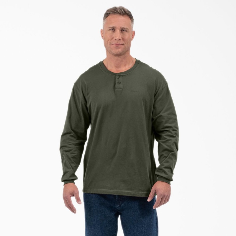 Men\'s Dickies Long Sleeve Henley T-Shirt Green | 6341590-XH