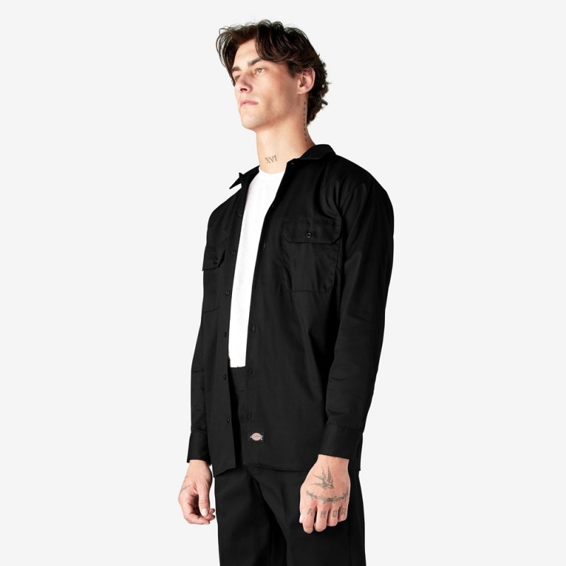 Men's Dickies Long Sleeve Work Shirts Black | 6985473-MV