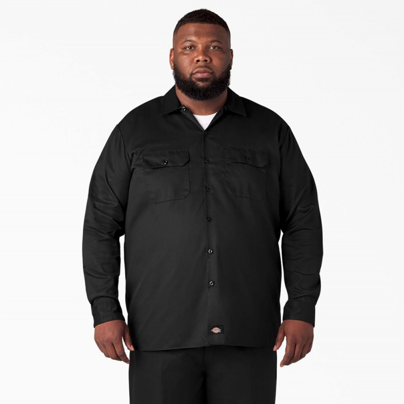 Men's Dickies Long Sleeve Work Shirts Black | 6985473-MV