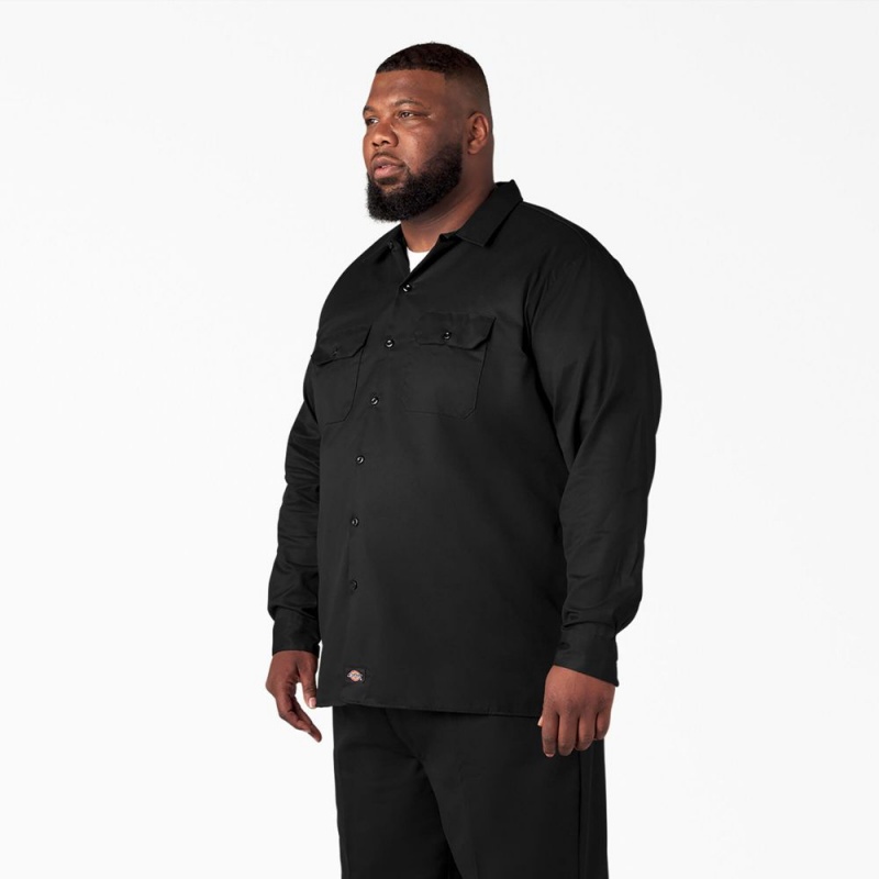 Men's Dickies Long Sleeve Work Shirts Black | 6985473-MV