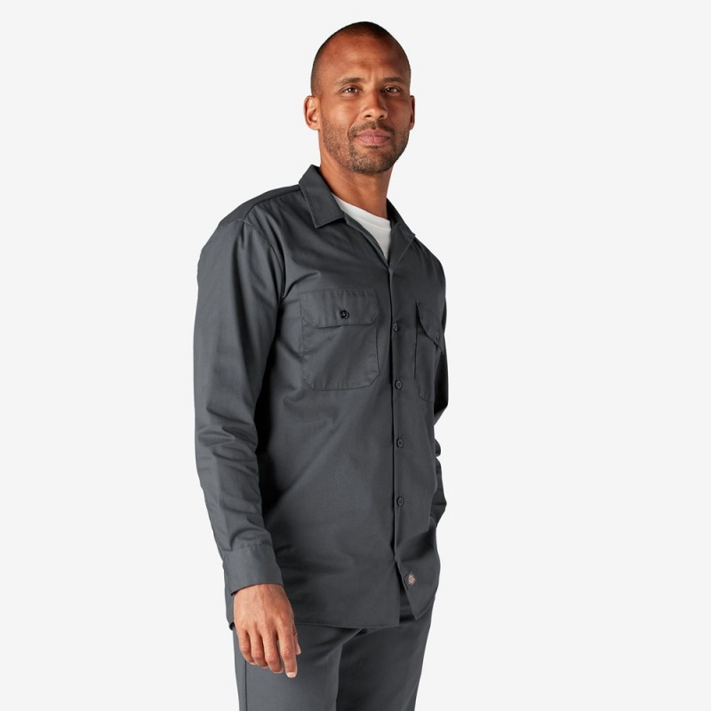 Men's Dickies Long Sleeve Work Shirts Grey | 0641793-YZ