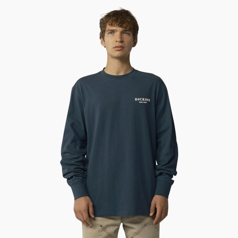 Men's Dickies Oatfield Long Sleeve T-Shirt Blue | 8216974-BP