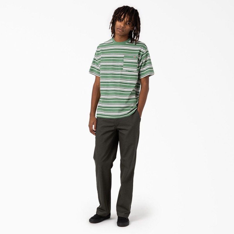 Men's Dickies Relaxed Fit Striped Pocket T-Shirt Green | 5182074-AP