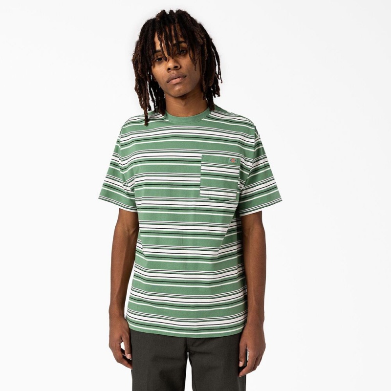 Men\'s Dickies Relaxed Fit Striped Pocket T-Shirt Green | 5182074-AP