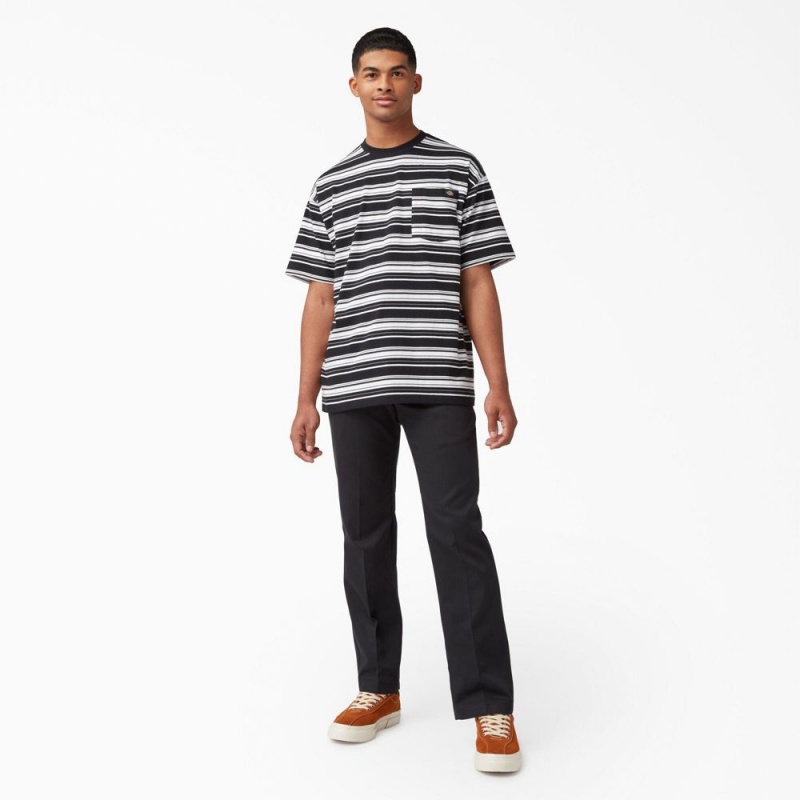 Men's Dickies Relaxed Fit Striped Pocket T-Shirt Black | 5397120-HX