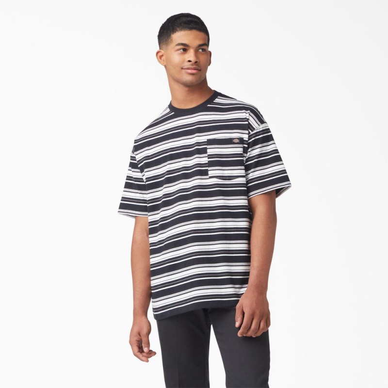 Men\'s Dickies Relaxed Fit Striped Pocket T-Shirt Black | 5397120-HX