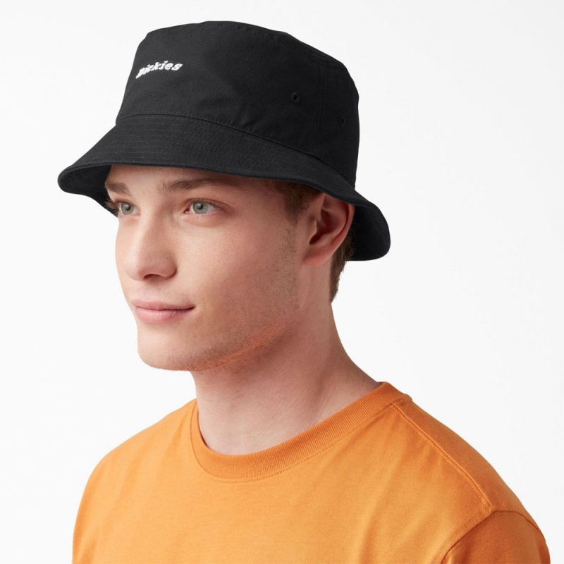 Men\'s Dickies Script Logo Canvas Bucket Hat Black | 2970815-FK