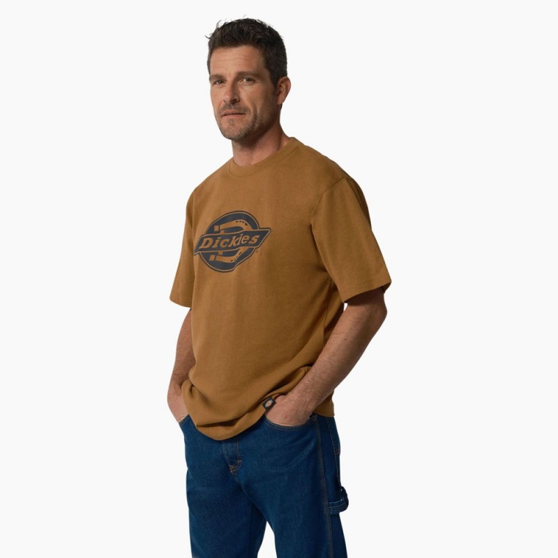 Men's Dickies Short Sleeve Heavyweight Logo T-Shirt Brown | 3658024-MH