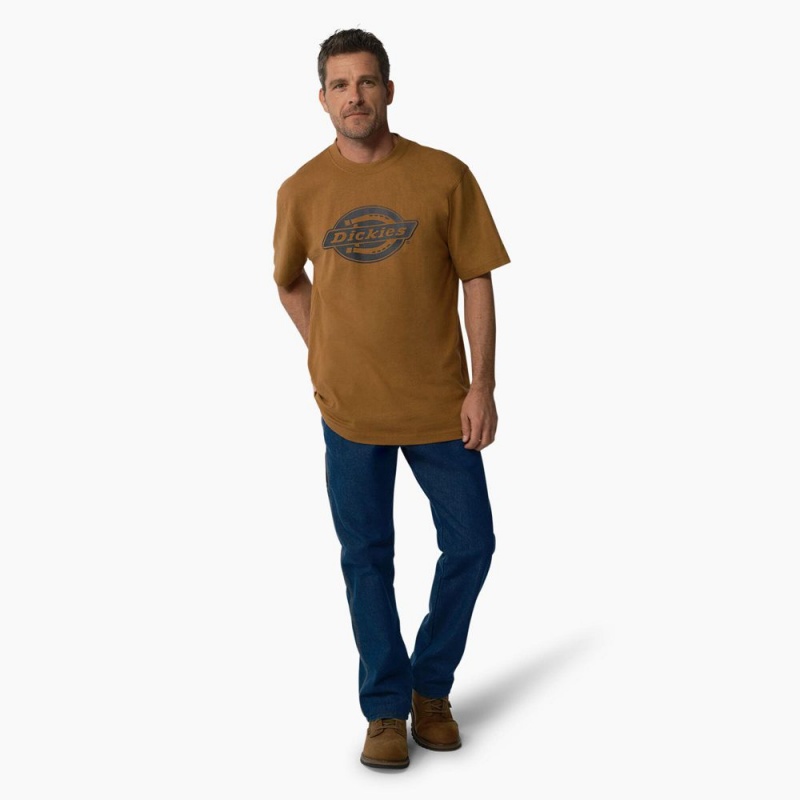 Men's Dickies Short Sleeve Heavyweight Logo T-Shirt Brown | 3658024-MH