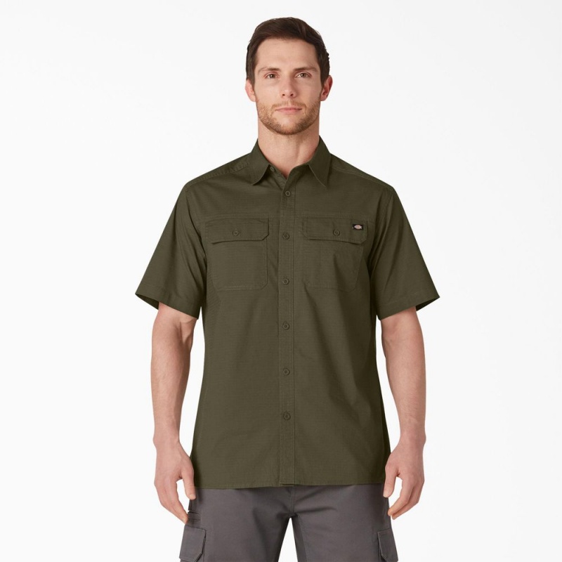 Men\'s Dickies Short Sleeve Ripstop Work Shirts Green | 0243891-WU