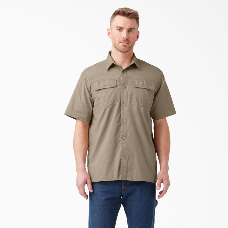 Men\'s Dickies Short Sleeve Ripstop Work Shirts Khaki | 4068279-AY