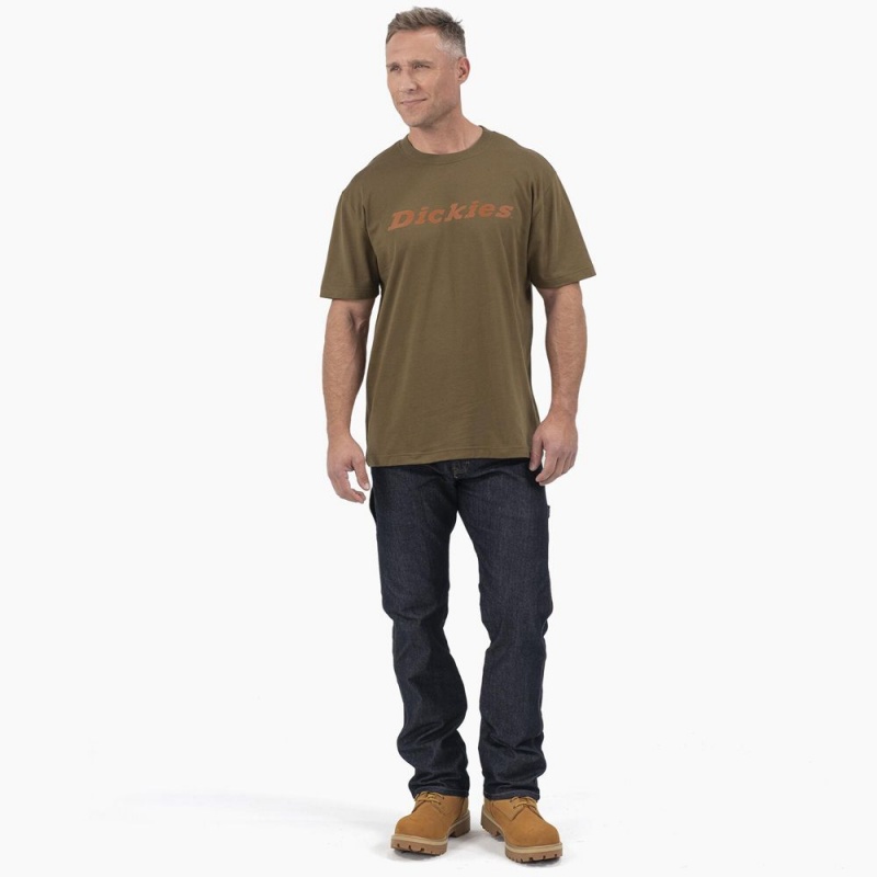 Men's Dickies Short Sleeve Wordmark Graphic T-Shirt Olive | 0632954-CA