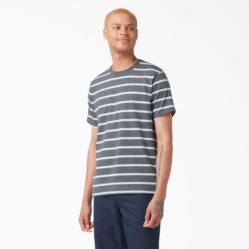 Men\'s Dickies Skateboarding Striped T-Shirt Grey | 2901456-UH