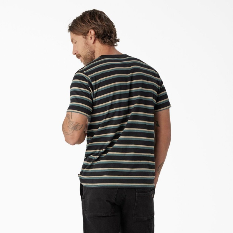 Men's Dickies Skateboarding Striped T-Shirt Black | 6514293-GY