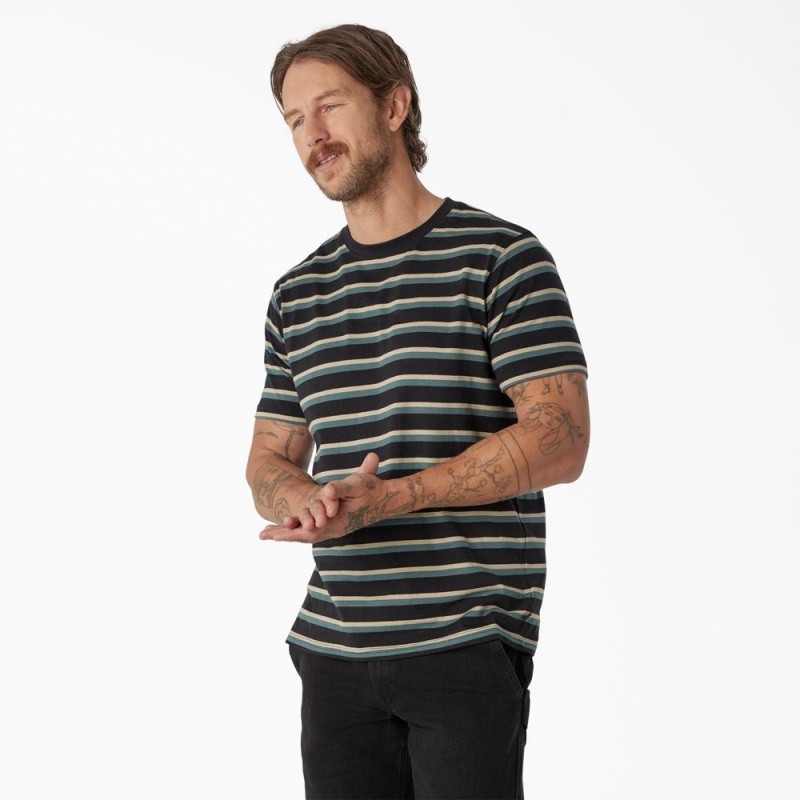 Men's Dickies Skateboarding Striped T-Shirt Black | 6514293-GY