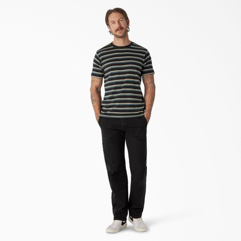 Men's Dickies Skateboarding Striped T-Shirt Black | 6514293-GY