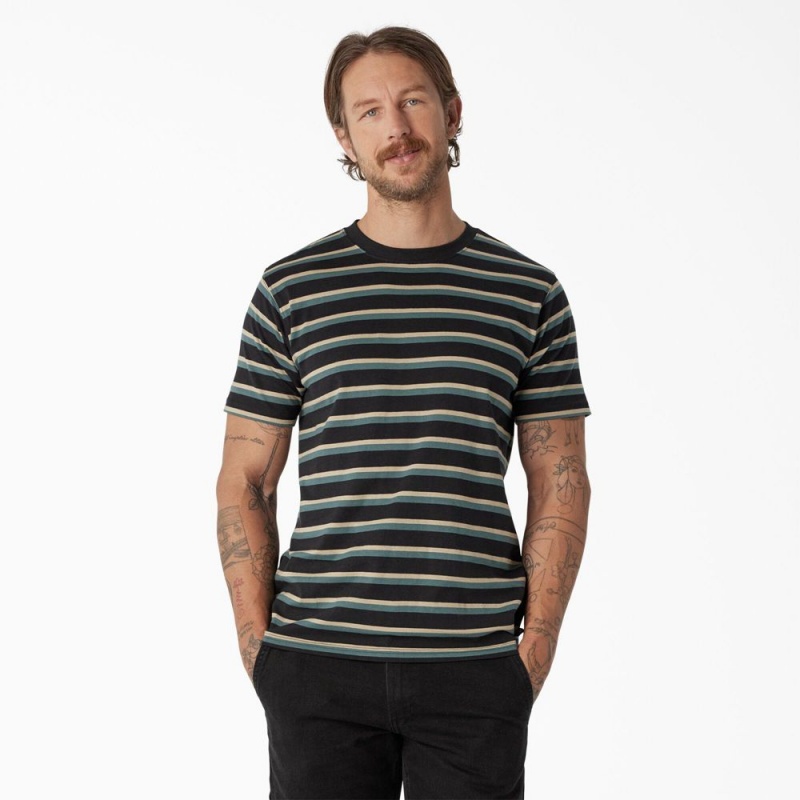 Men\'s Dickies Skateboarding Striped T-Shirt Black | 6514293-GY