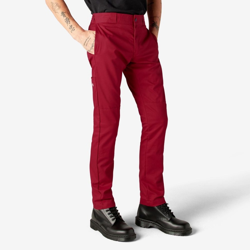 Men's Dickies Skinny Fit Double Knee Work Pants Red | 8016274-WT